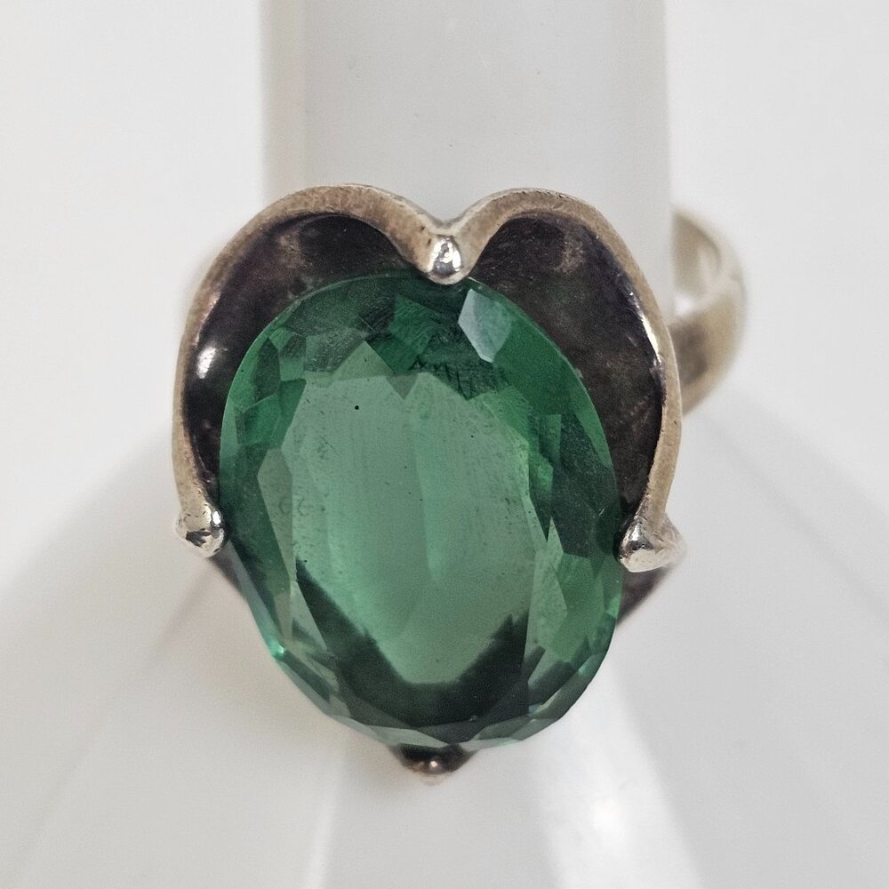 Vtg Sterling Silver Mexico 925 Ring Large Green Glass Belcher Statement Size 7.5